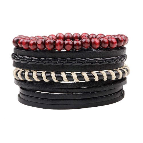 Wild Zebra Stripe, Red And Black Leather Multilayer Bracelet Set