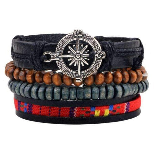 "Here and There" Compass Charm, Bead and Leather Multilayer Bracelet Set