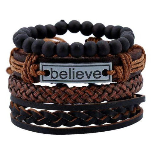 “Believe” Inspirational Braided Black Leather Multilayer Bracelet Set