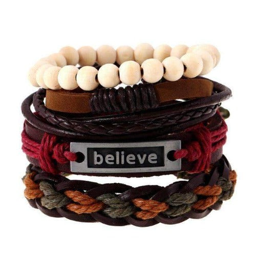 “Believe” Inspirational Red Braided Leather Multilayer Bracelet Set