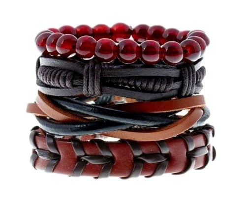 Red and Black Multilayer Leather, Bead Boho Hippie Bracelet Set