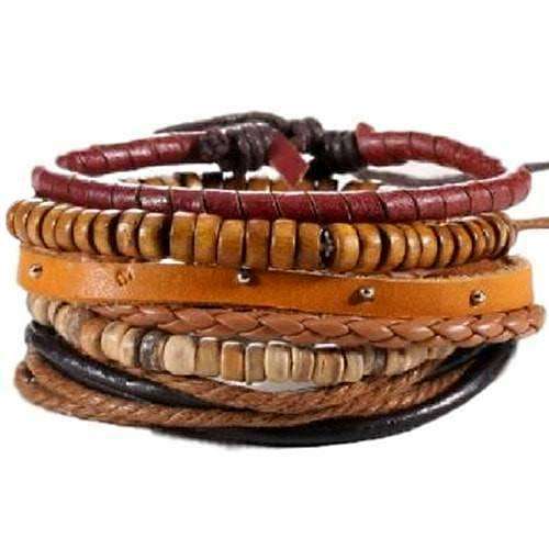 Red And Earth Tones Bead, Hemp And Leather Bracelet Set