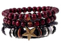 Scarlet Red Wooden Beads with Star and Silver Charm Accent Bracelet Set
