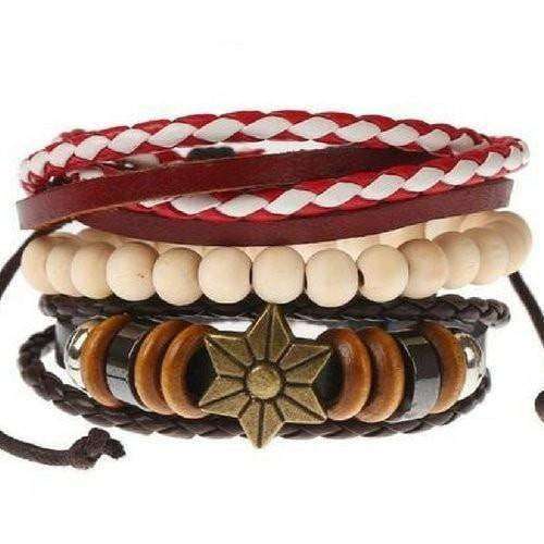 Red and White with Flower Star  White Beaded Leather Bracelet