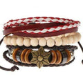 Red and White Flower Star Beaded Leather Bracelet Set