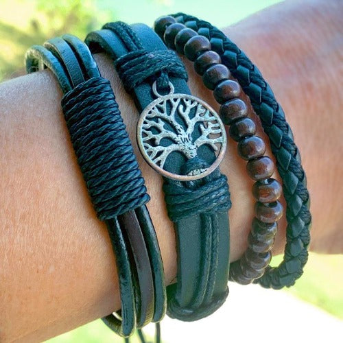 Brown Braided Leather and Tree of Life Charm Multilayer Bracelet Set