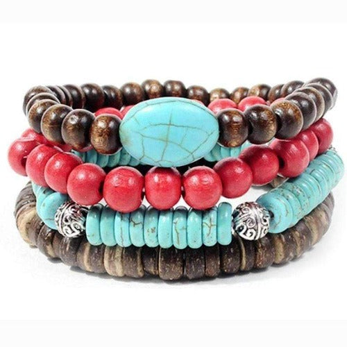 Turquoise and Cherry Beads Leather, and Hemp Boho Hippie Bracelet Set