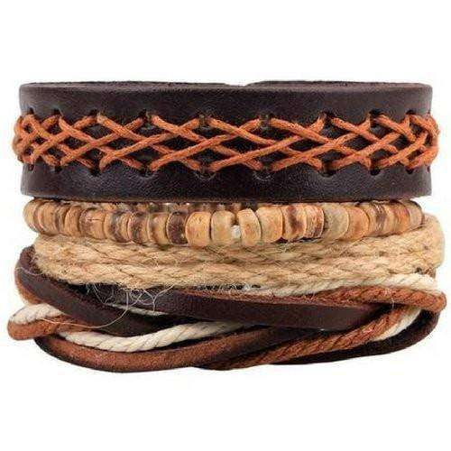 Vast Earth Wide Brown Crisscross Leather Multilayer Bracelet Set