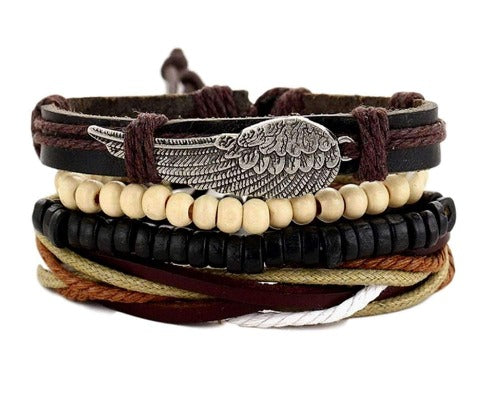 Winged Leather Coconut Braided Multilayer Leather, Bead and Hemp Boho Hippie Bracelet Set