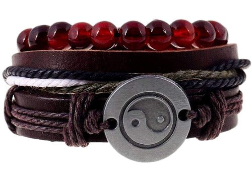 YinYang Charm and Red Beads Hemp Hippie Bracelet Set